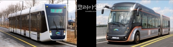 친환경 저비용 교통수단인 무가선 노면전차, Tram(좌) 간선급행버스, BRT(우) (c)코리아일보