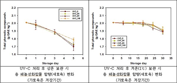 UV-C 처리 후 상온과 저온 보관 중 총 페놀성화합물 함량 변화